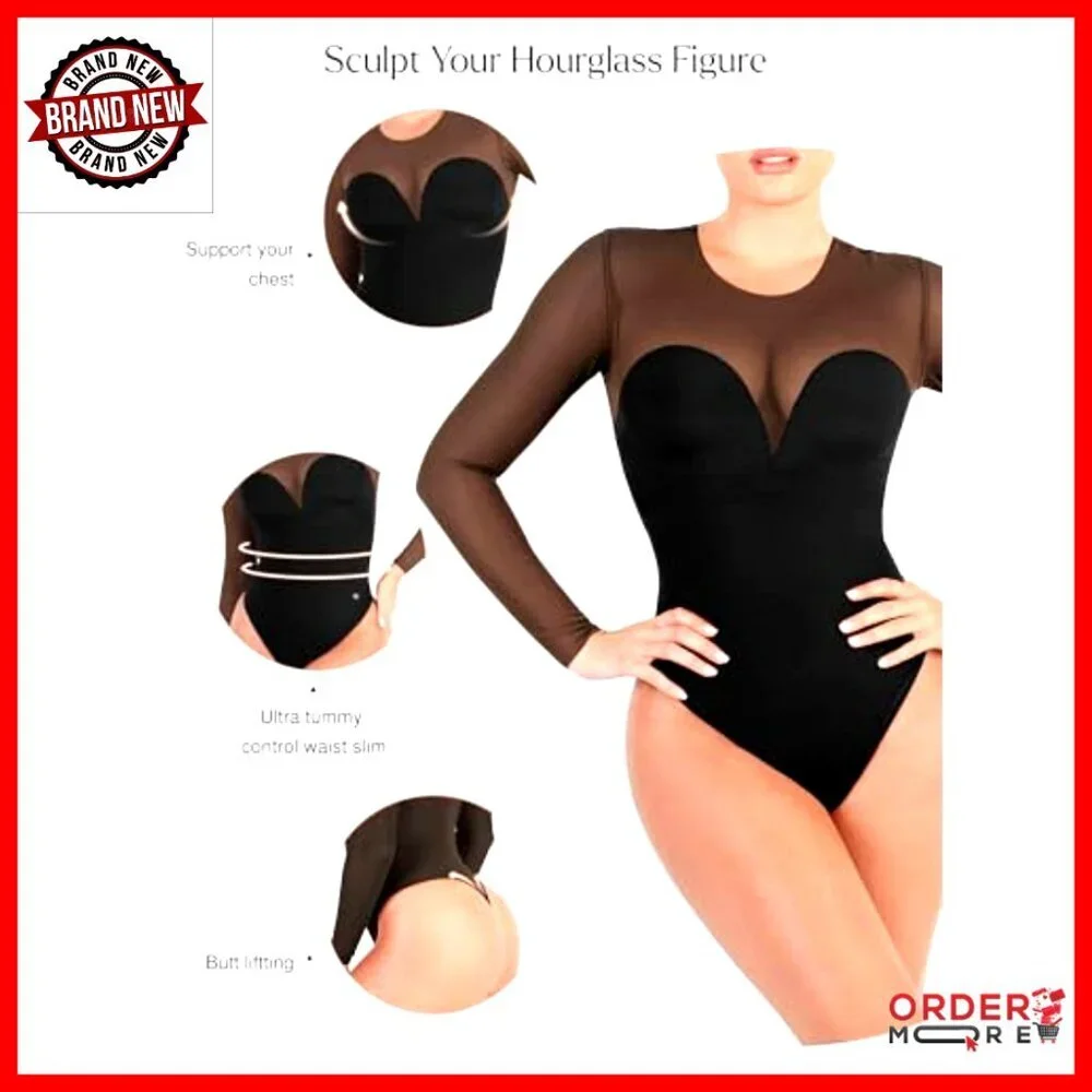 Long Sleeve Mesh Bodysuit Tummy Control Shapewear Fall Outfit Top
